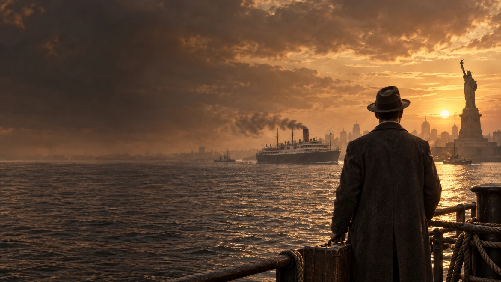 Illustrated arrival in New York harbor at sunset