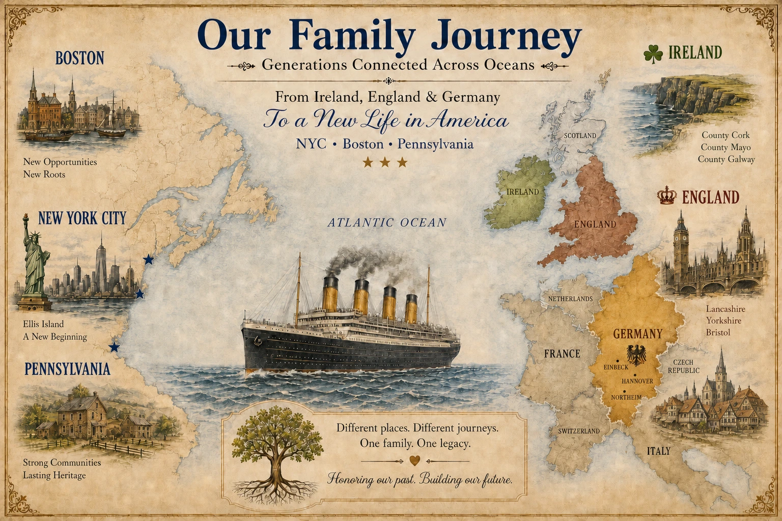 Our Family Journey artwork tracing family routes from Ireland, England, and Germany to Boston, New York City, and Pennsylvania, including Einbeck, Hannover, and Northeim